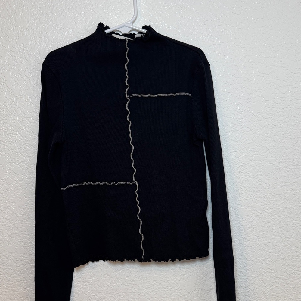 H&M Black Long Sleeve Lettuce-Edge Top with Cream Contrast Stitching